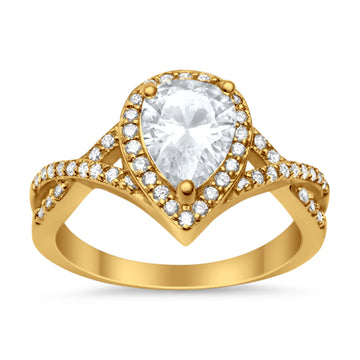 Teardrop Wedding Promise Ring Round Yellow Tone, Simulated CZ 925 Sterling Silver